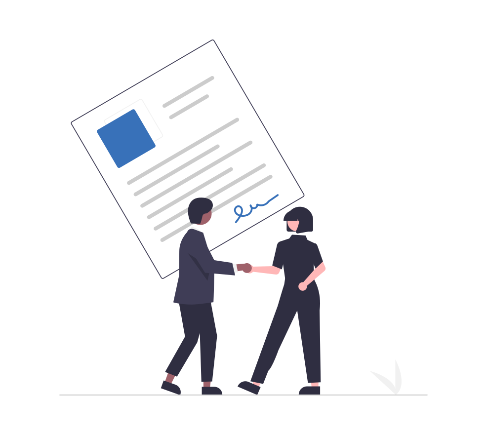 Illustration : deux personnes se serrent la main devant un document signé, symbolisant la prise de contact avec le centre.